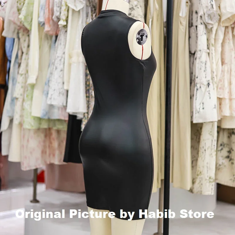 BWQ – robe de soirée moulante en cuir Pu pour femme, couleur unie, Sexy, sans manches, Slim, élastique, paquet de hanche, t-shirt, jupe, Mini robe courte