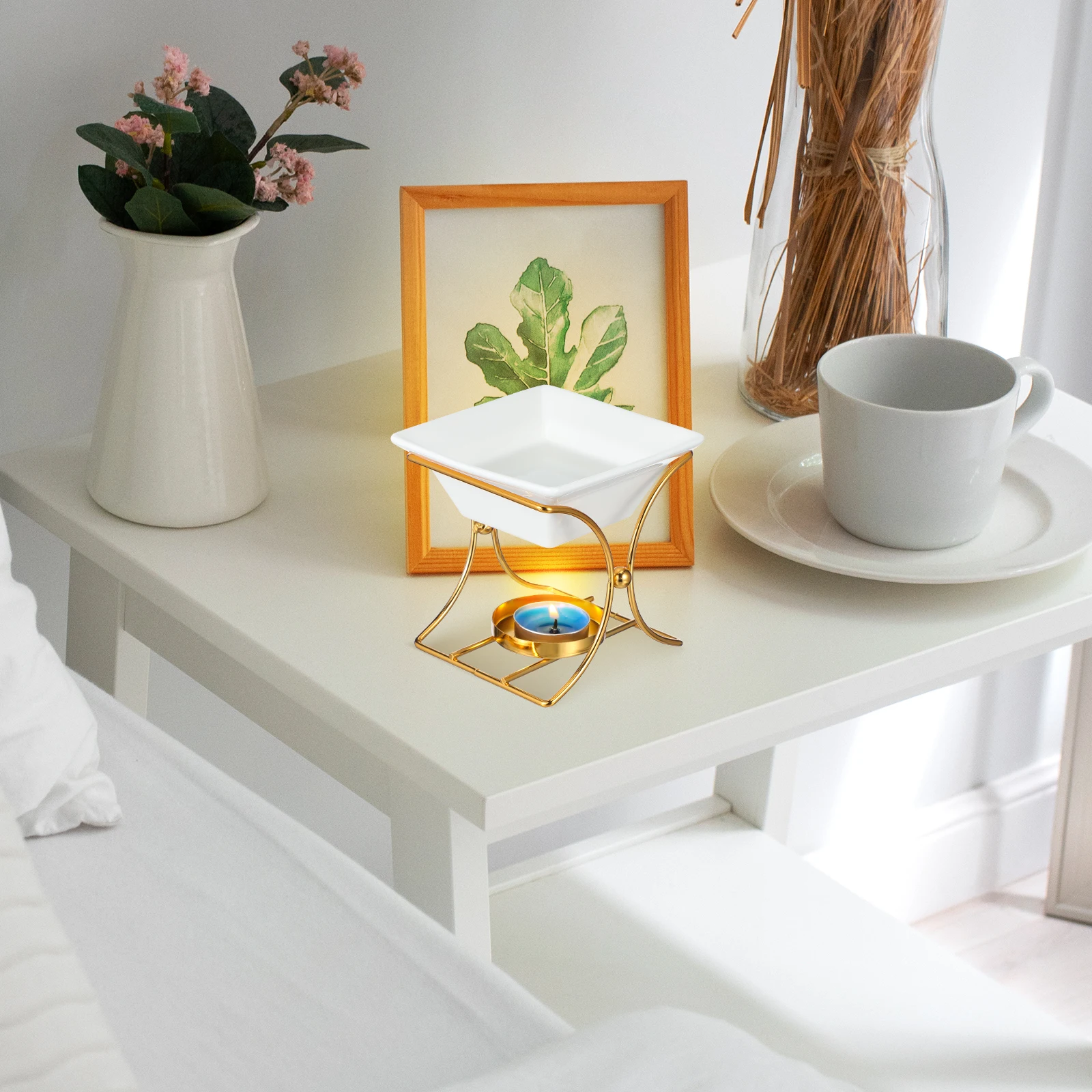 

2Pcs Oil Burner Aromatherapy Set Ceramic Wax Melt Warmer Iron Frame Romantic Tealight Holder for Home Bedroom Living Room