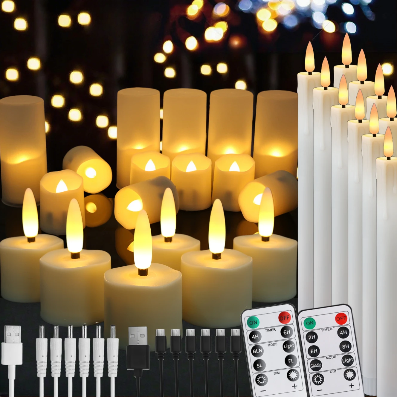 Bougies scintillantes rechargeables sans flamme, bougies chauffe-plat LED de noël, mèche 3D, lampe électronique à piles, 6 pièces