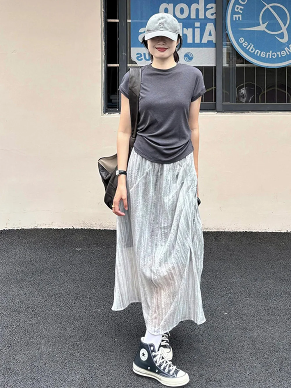 Casual Grey Two-piece Set Women 2024 New Summer Fashion Simple Basic T-shirt+Elastic Light Grey Puff Asymmetry Pleated Skirt