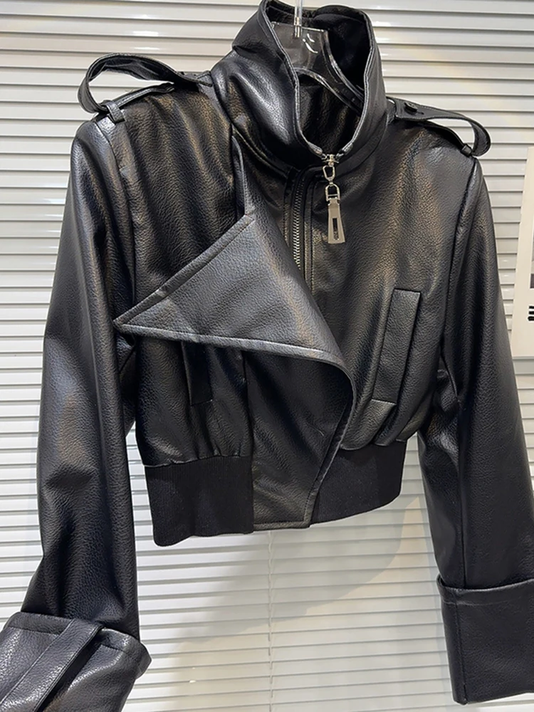 DEAT New Fashion Women\'s Lapel Zipper Leather Motorcycle Short Jacket 2024 Autumn High Street Long Sleeve Coat Female 11A0996