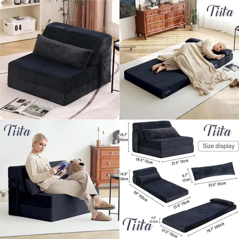 Portable Single Size Folding Sofa Bed with Pillow and Plush Fabric, Including Storage Bag and Floor Lounger Chair for Living Spa