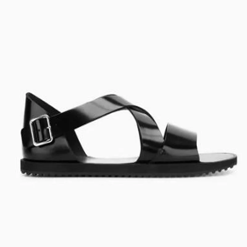 Roman Man Fashion Black Shiny Genuine Leather Peep Toe Cross Strap Hollow Low Top Flat Summer Sandals Male Casual Beach Shoes