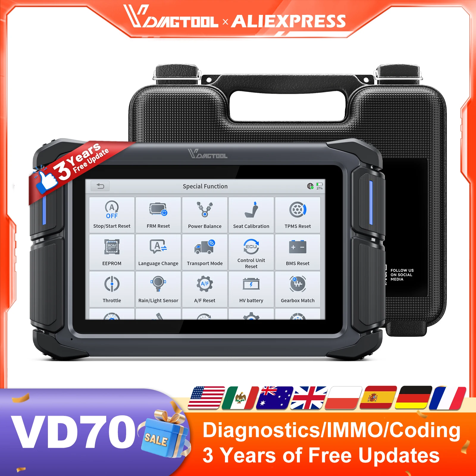 

Автомобильный сканер VDIAGTOOL VD70, двунаправленный диагностический инструмент, автономный программатор, кодирование ЭБУ с 39+ сбросами CAN FD DoIP FCA