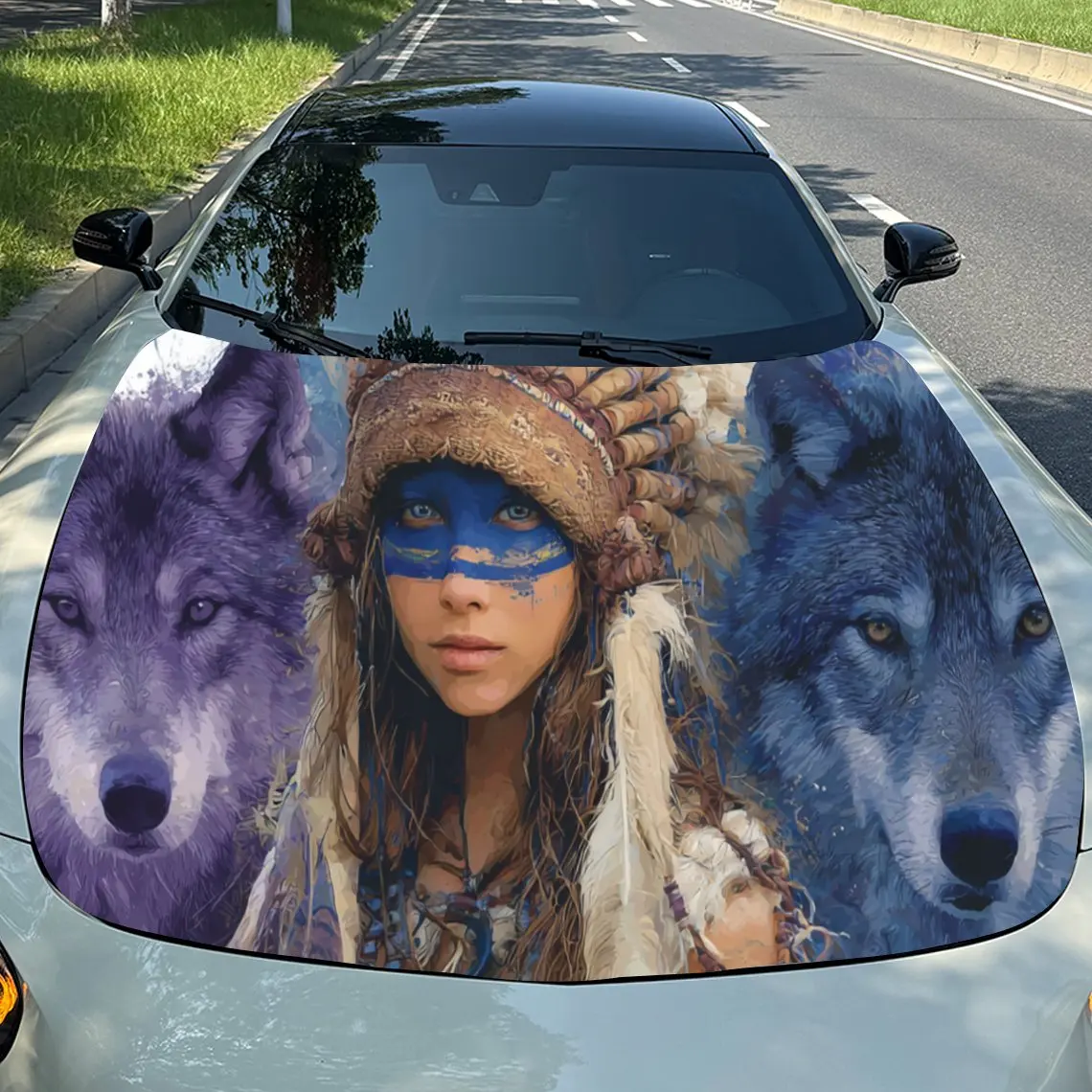 

Gothic Woman with Two Wolves Car Engine Hood Vinyl Wraps Sticker, Trendy Auto Cover Decal, Waterproof Self-adhesive Vehicle Deca