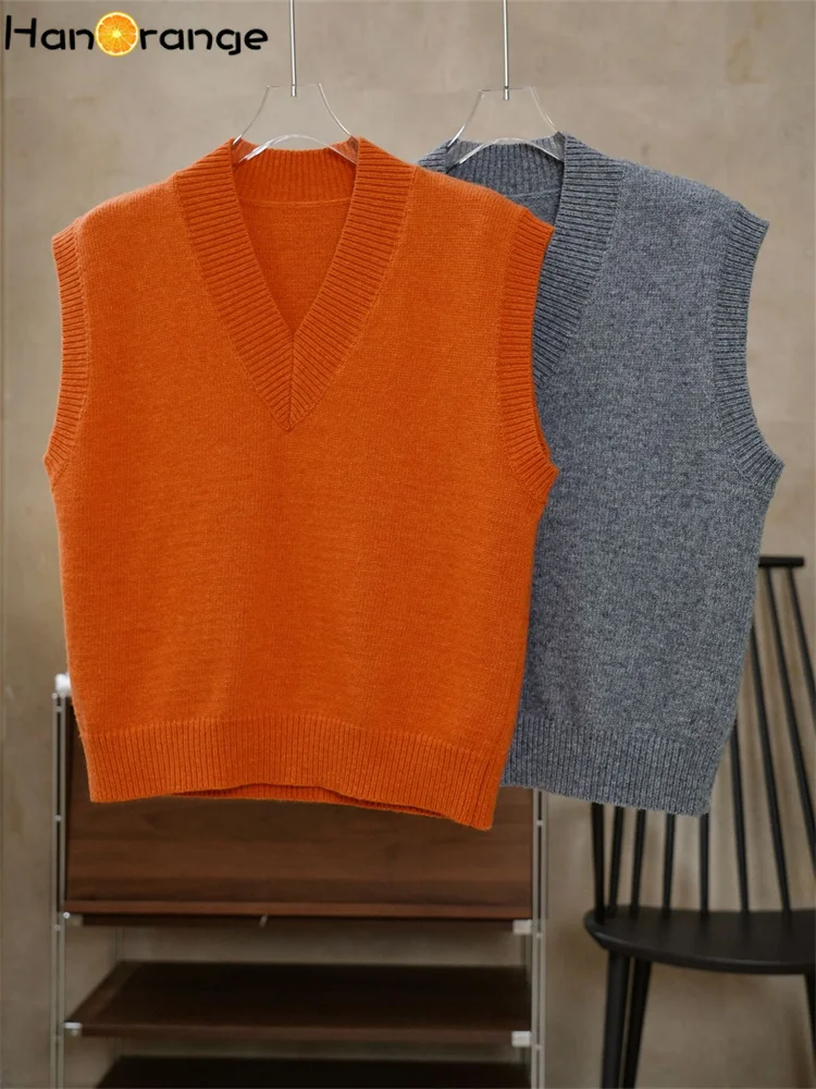 HanOrange 2024 Spring Texture Wool Sweater Vest Women Layered Loose Casual Sleeveless Knitted Top Female Gray/Orange