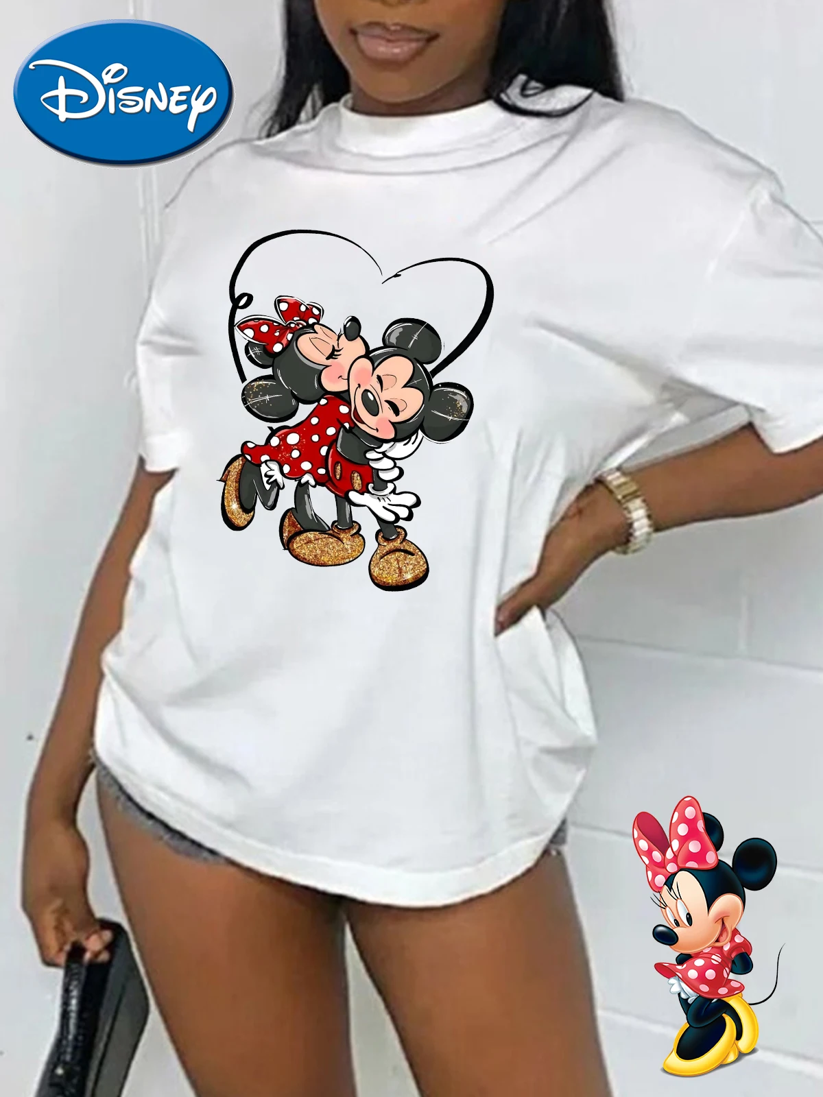 Camiseta con estampado gráfico de Mickey y Minnie Mouse para mujer, de manga corta Camiseta de algodón con cuello redondo, Top informal, camiseta de gran tamaño para mujer