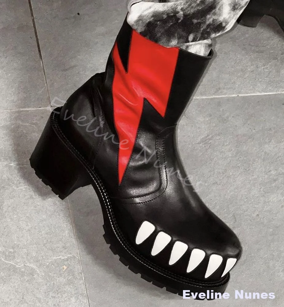 Unisex Punk Gothic Teeth Toe Ankle Boots Red Lightning Chunky Platform Short Boots for Halloween Cosplay Party Festival Wear