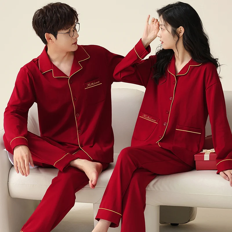 Lovers Festive Red Cotton Pajamas Solid Color Cardigan Pajama Set Sleepwear Long Sleeve Tops+Pants Pajamas Home Clothing Pyjamas