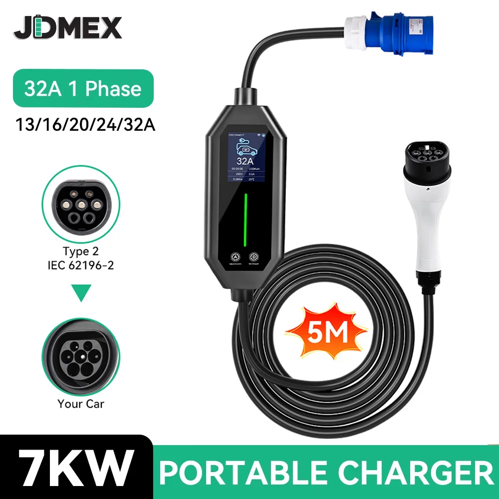 

JDMEX TYPE2 Electric Vehicle Charger 7KW EV Portable Charger EVSE Wallbox Charger 32A 1Phase Fast Charging APP Control 5M Cable