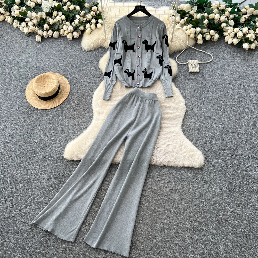 

Two Piece Sets Pant Set Women Round Neck Knit Print Sweaters Coats Wide Leg Long Pants Elastic Waist Y2k Streetwear Casual Work