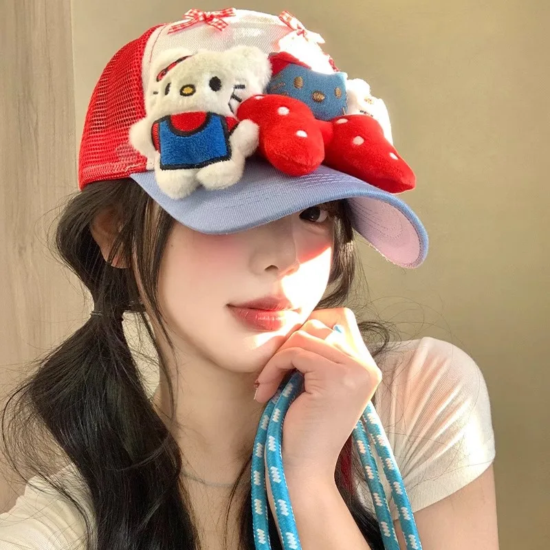 

Новая регулируемая бейсболка Kawaii Sanrio Hello Kitty с бантом, розовая, 3D-кукла, дышащая, летняя, с защитой от УФ-лучей