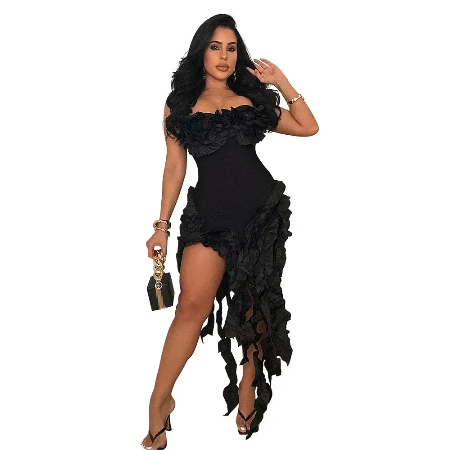 Women Strapless Ruffles Tassel Splicing Irregular Birthday Bodycon long Maxi Dress 2024 Even Sexy Party Dresses Vestidos