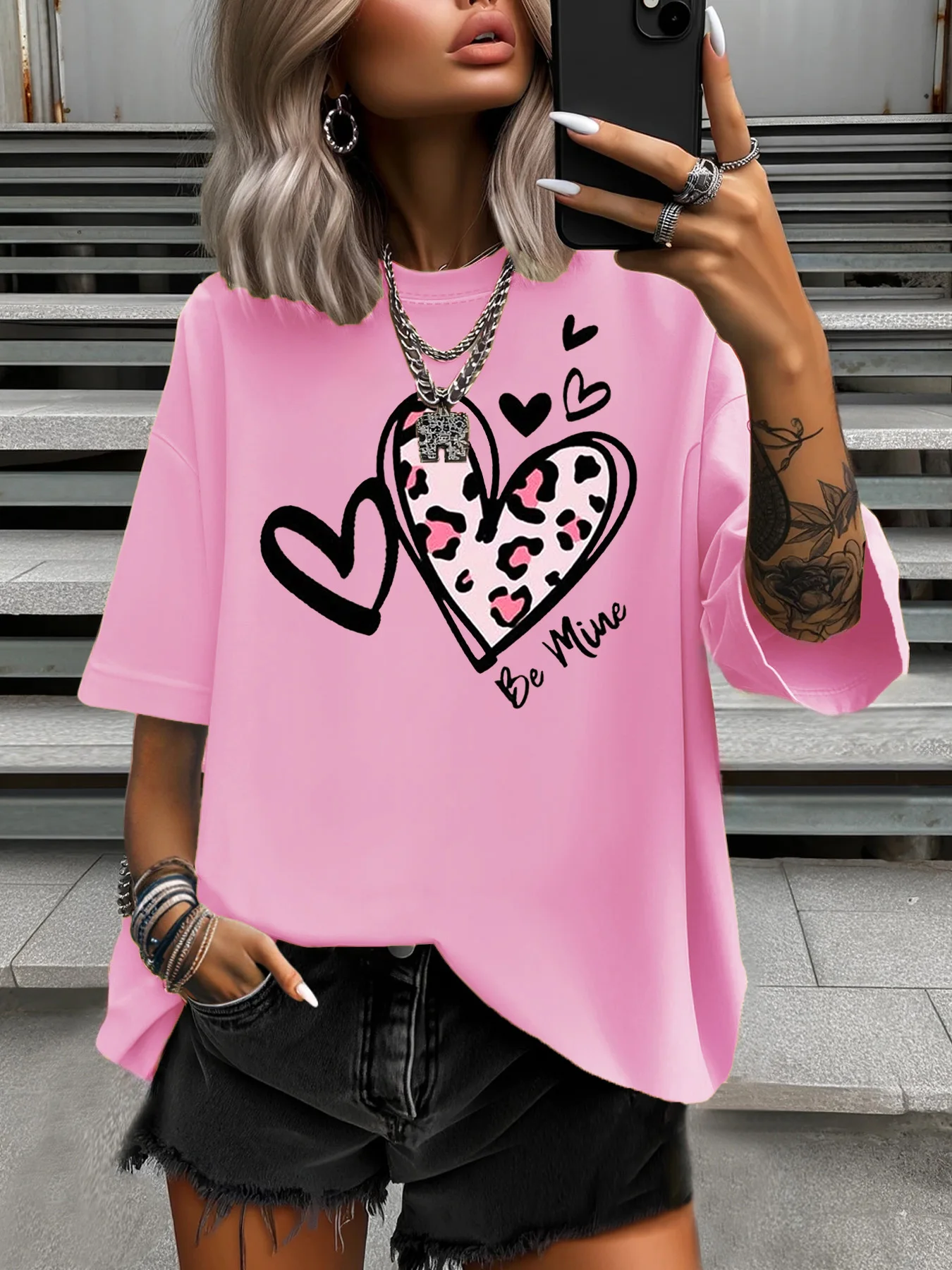 

Летняя модная женская футболка больших размеров, оригинальный дизайн, розовые женские повседневные топы с короткими рукавами и принтом в виде сердца любви