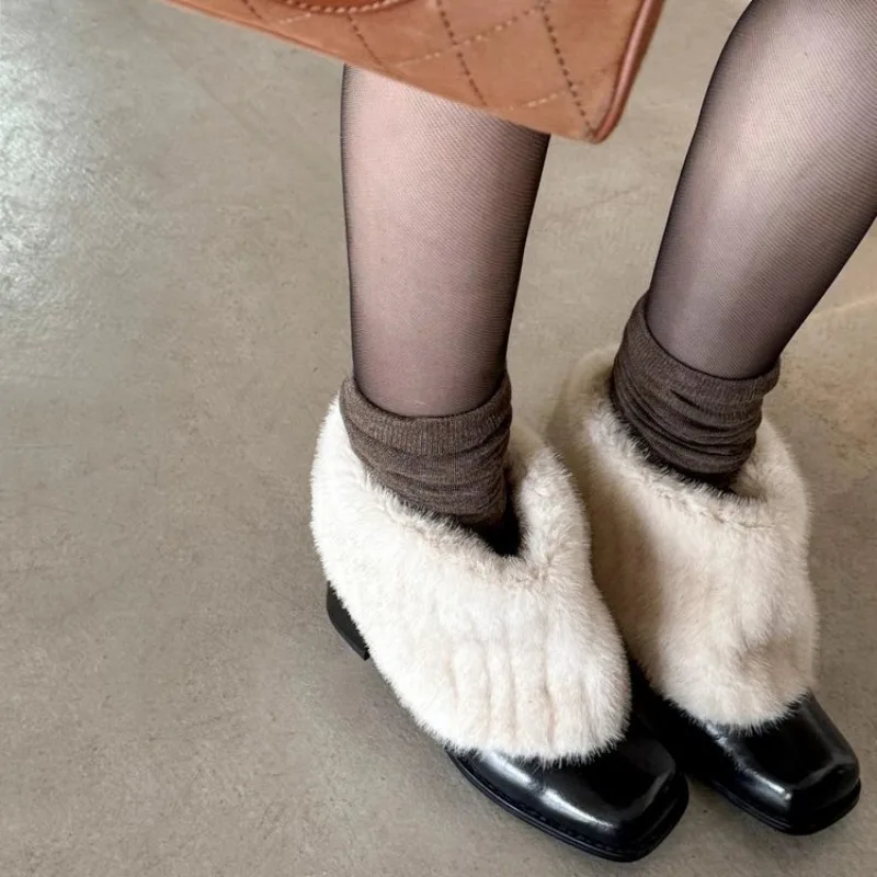 

New Fashion Furry Lambwool Women Mary Jane Shoes Elegant Square Toe Slip on High Heels Shoes Autumn Warm Ladies Thick Heel Shoes