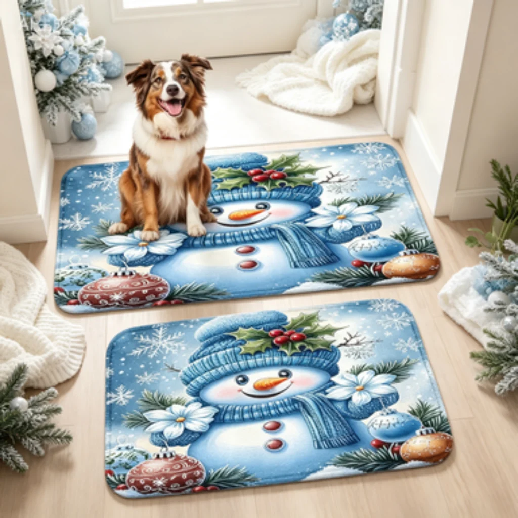 Blue Tone Snowy Snowman Christmas Mat, Cozy American Christmas Long Runner, Santa Gingerbread Man Doormat.