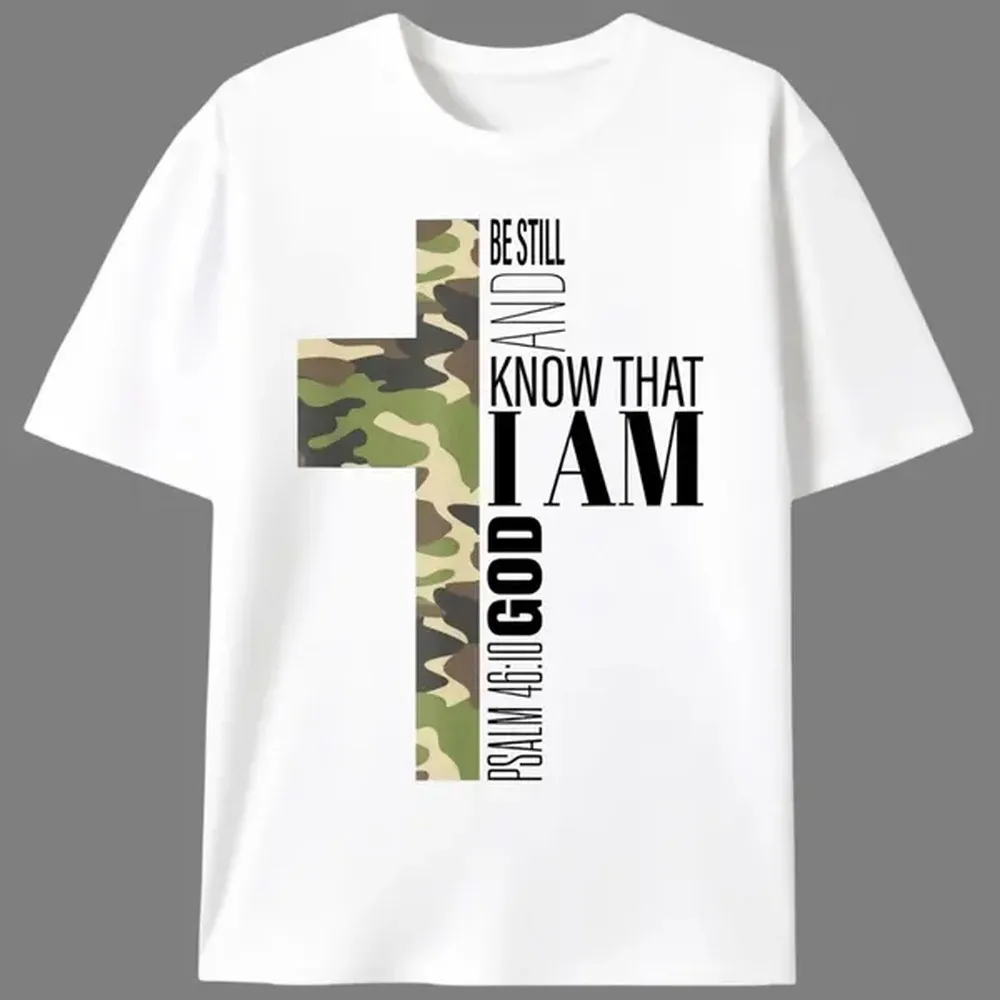Men's Christian Faith T-Shirt with Camo Cross Graphic, Casual Short-Sleeve Print Top in 200gsm Stretch Cotton Knit, Shortsleeve, Tshirt, Menswear, Chinese New Year, Valentines Day, Fitted Cut, Split Sleeve, Fabric, Round Neck, Christian Clothing, Crew Nec