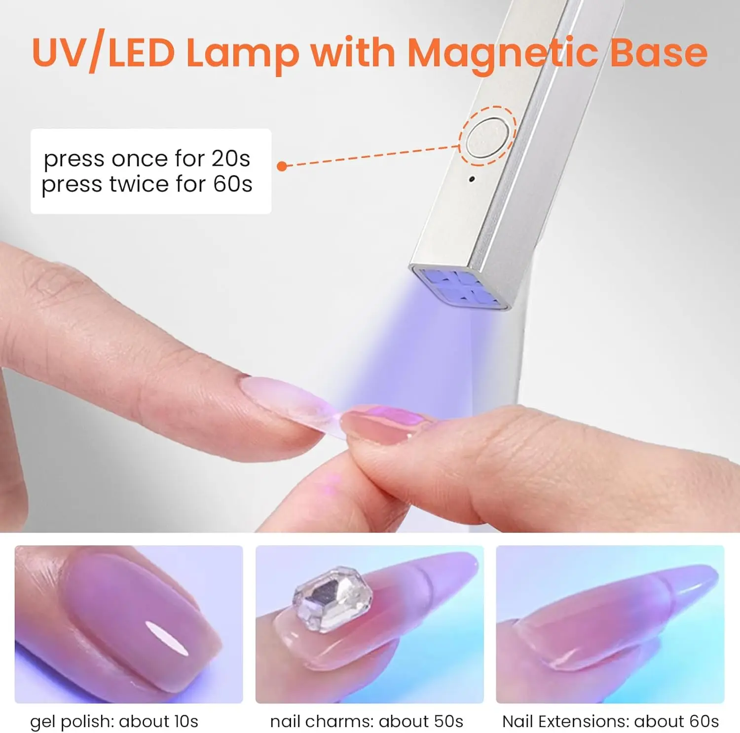 ضوء صغير للأشعة فوق البنفسجية لأظافر الجل مع حامل مغناطيسي، شاشة LCD، مصباح أظافر محمول قابل لإعادة الشحن