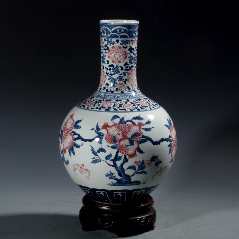 Ceramic Chinese Style Archaize Blue and White Longevity Drawing Vase Living Room Home Decor