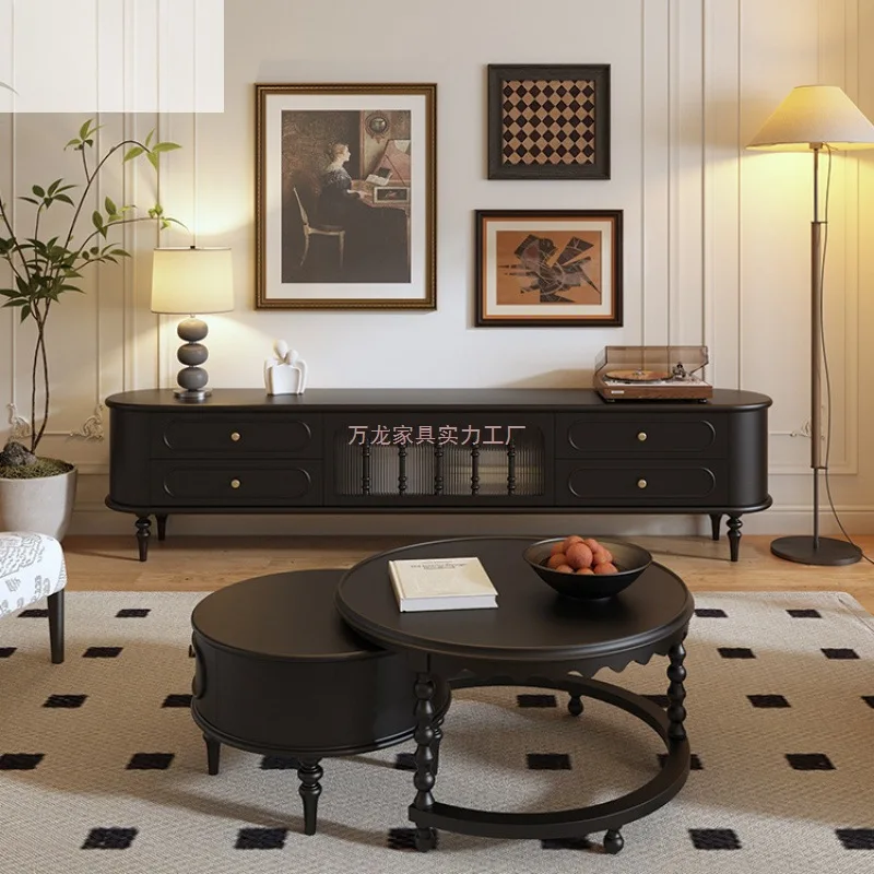 

French retro TV cabinet living room solid wood medium antique black high TV cabinet coffee table household American floor