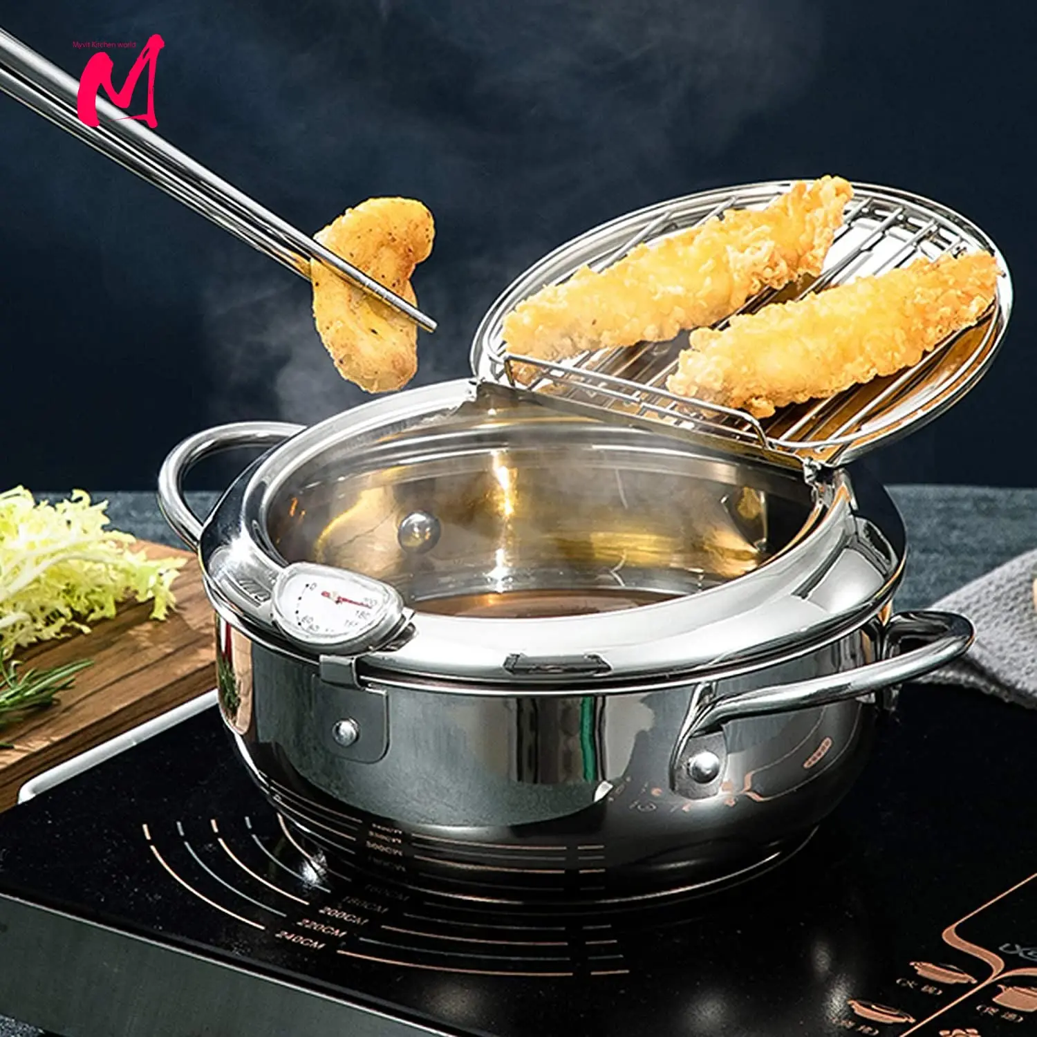 Kitchen Deep Frying Pot with Thermometer and Lid Stainless Steel Pans Japanese Tempura Fryer Pan Fried Chicken Pot Cooking Tools