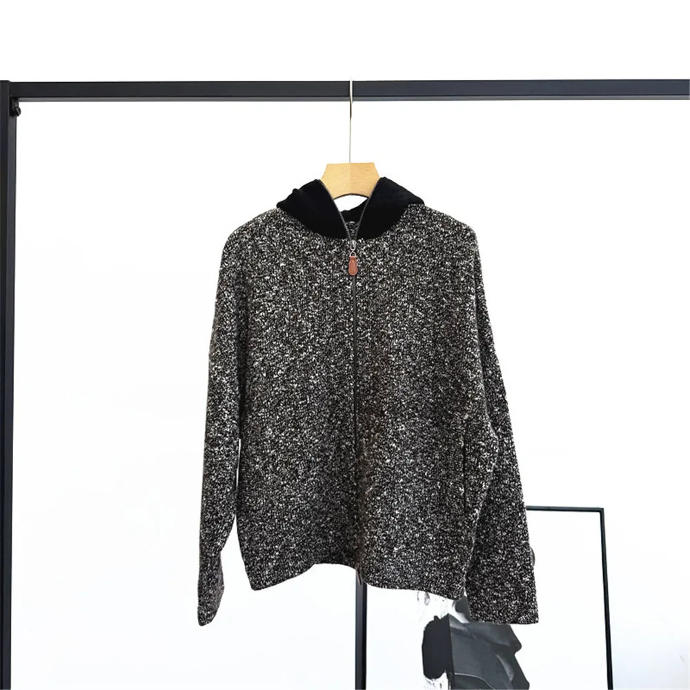 

Женский осенне-зимний вязаный кардиган на молнии с капюшоном и длинными рукавами, карманом, свободный кашемировый кардиган из пряжи с цветочным принтом