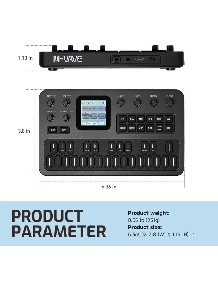 M-VAVE FM-1 Portable FM Synthesizer 6-Operator 32 Algorithms 128 Presets Bluetooth MIDI Built-in Speaker 12-Hour Battery
