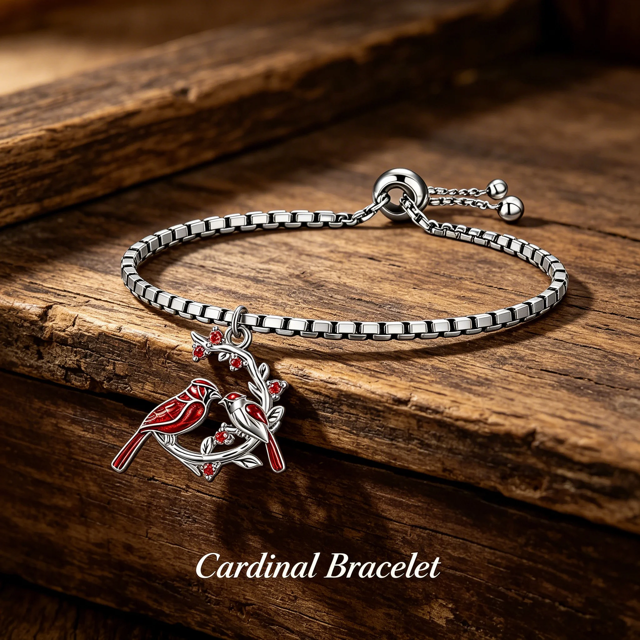 Red Cardinal Bird Adjustable Charm Bracelet Silver Tone Branch Inlay Nature Bird Lover Spiritual Memorial Women Jewelry Gift