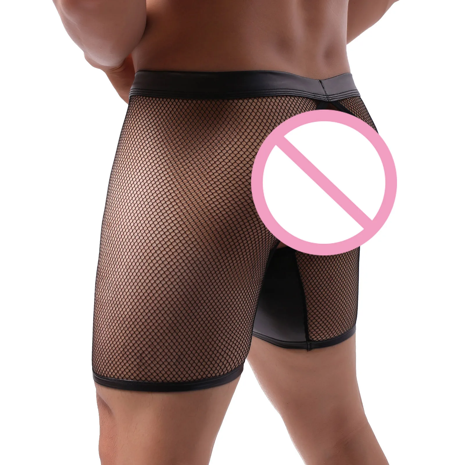 CLEVER-MENMODE Men Underwear Shorts Lingerie Sexy Mesh Transparent PU Leather Open Penis Pouch Long Leg Boxer Shorts Open Butt