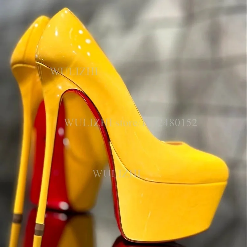 

14Cm Platform Bright Yellow Stiletto Cover Heels Women Sexy Pump Black Patent Leather Sandals Girl Party Skin Red Round Shoes