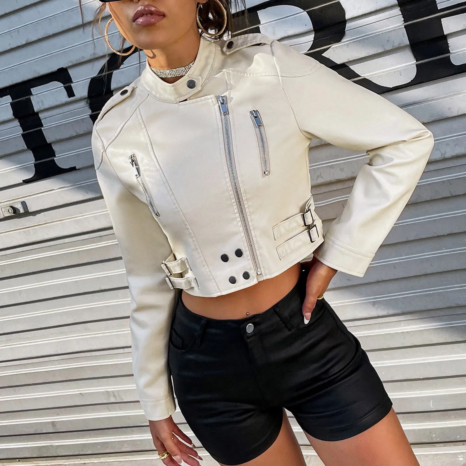 2024 Frauen Vintage lose Pu Kunstleder kurze Jacke mit Gürtel Streetwear weiblichen Reiß verschluss Retro Moto Biker Mantel Outwear Tops