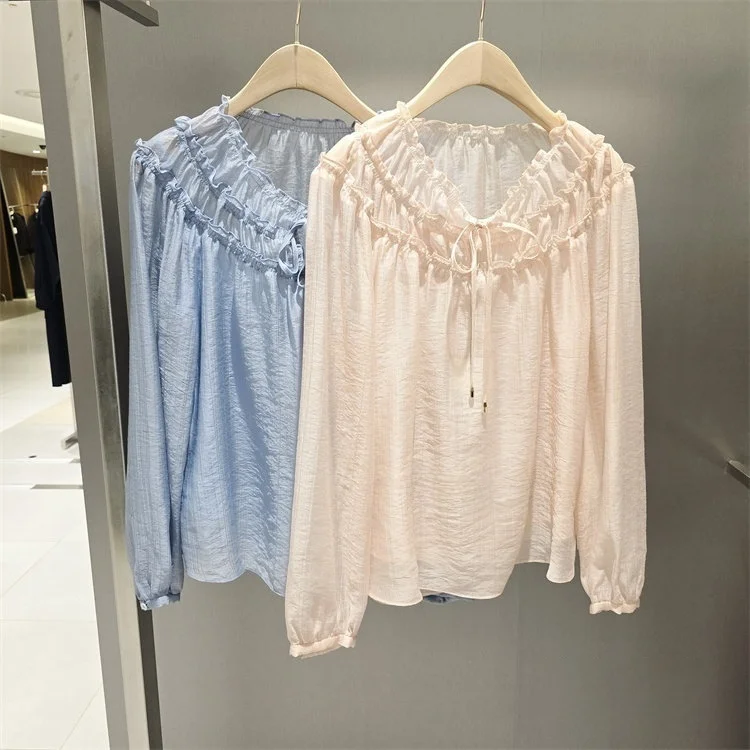 

Sweet Commuter Style Shirt Chiffon Belted Wooden Ear Folded Design Versatile Long Sleeve Women's Top Korean Fashion