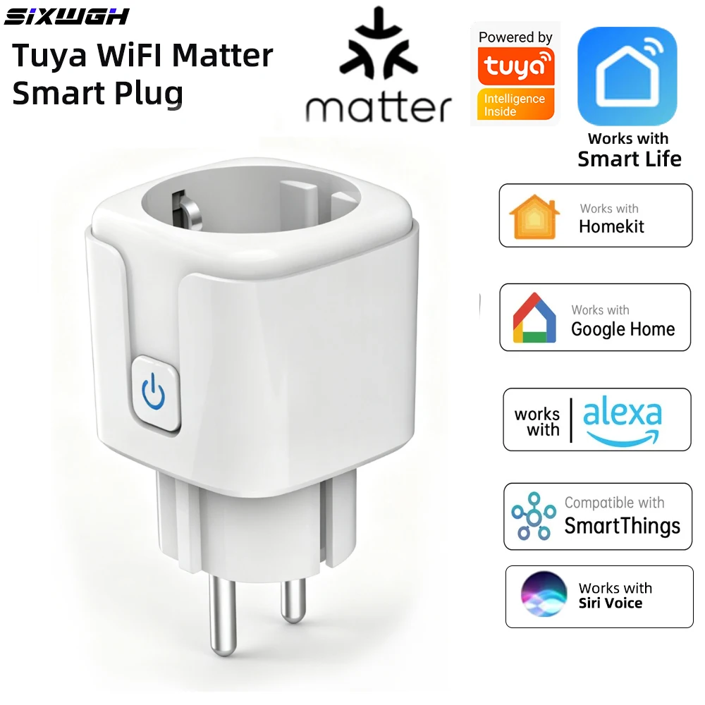 20A Tuya WiFi Matter Smart Socket with Energy Monitor EU Plug Compatible with Smart Life App Homekit Siri Alexa Google Home