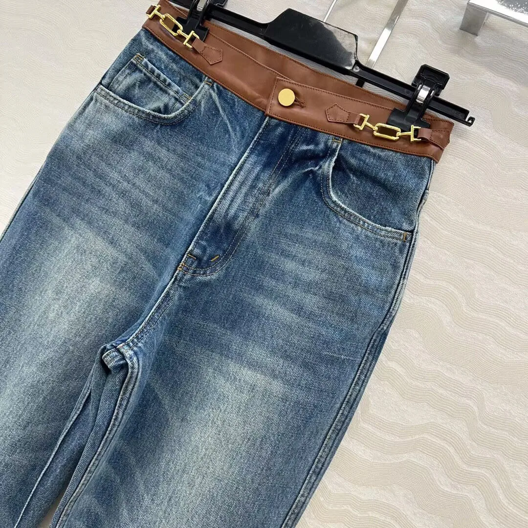 

2025 Cowhide Splicing High Waist Gold Buttons Slim Jeans Women Washed Blue Retro Long Pencil Denim Pants Streetwear