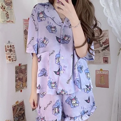 Sanrio Kuromi Hello Kitty Pajamas Women Nightgown Loose Cute Soft Girl Summer New Short Sleeved Sleepwear Home Clothe Sets Y2k