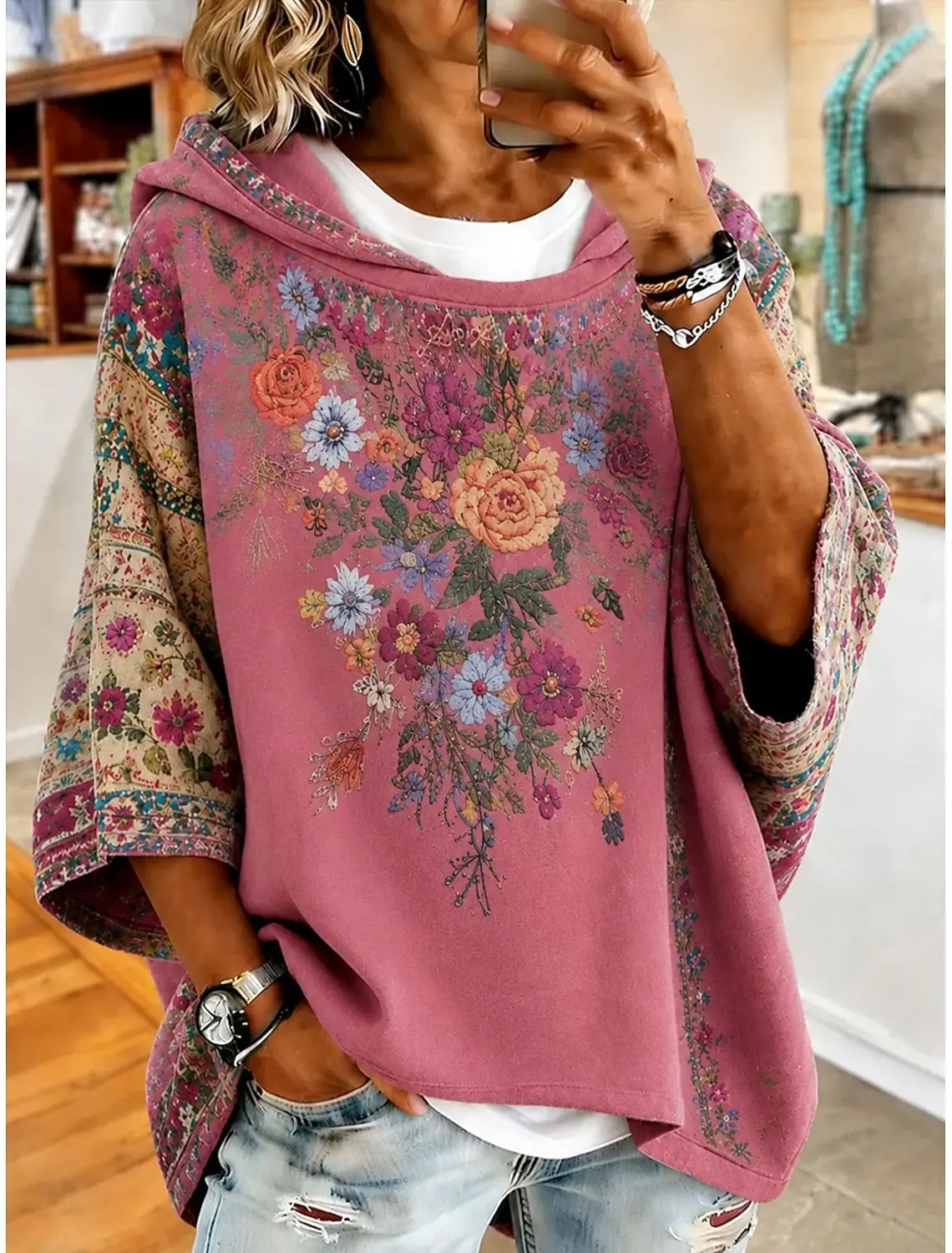 New Women's Pullover Hoodie Sweatshirt Print Floral Graphic Casual 3/4 Length Sleeve Hooded Regular Tops Casual Street Dailywear