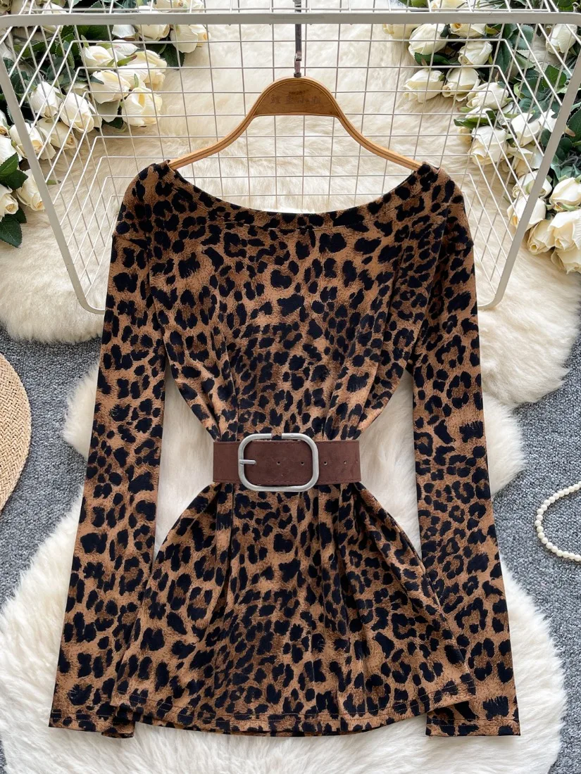 Foamlina T-shirt sexy con stampa leopardata Top per donna Nuova primavera autunno O collo manica lunga casual top stampati femminili con cintura