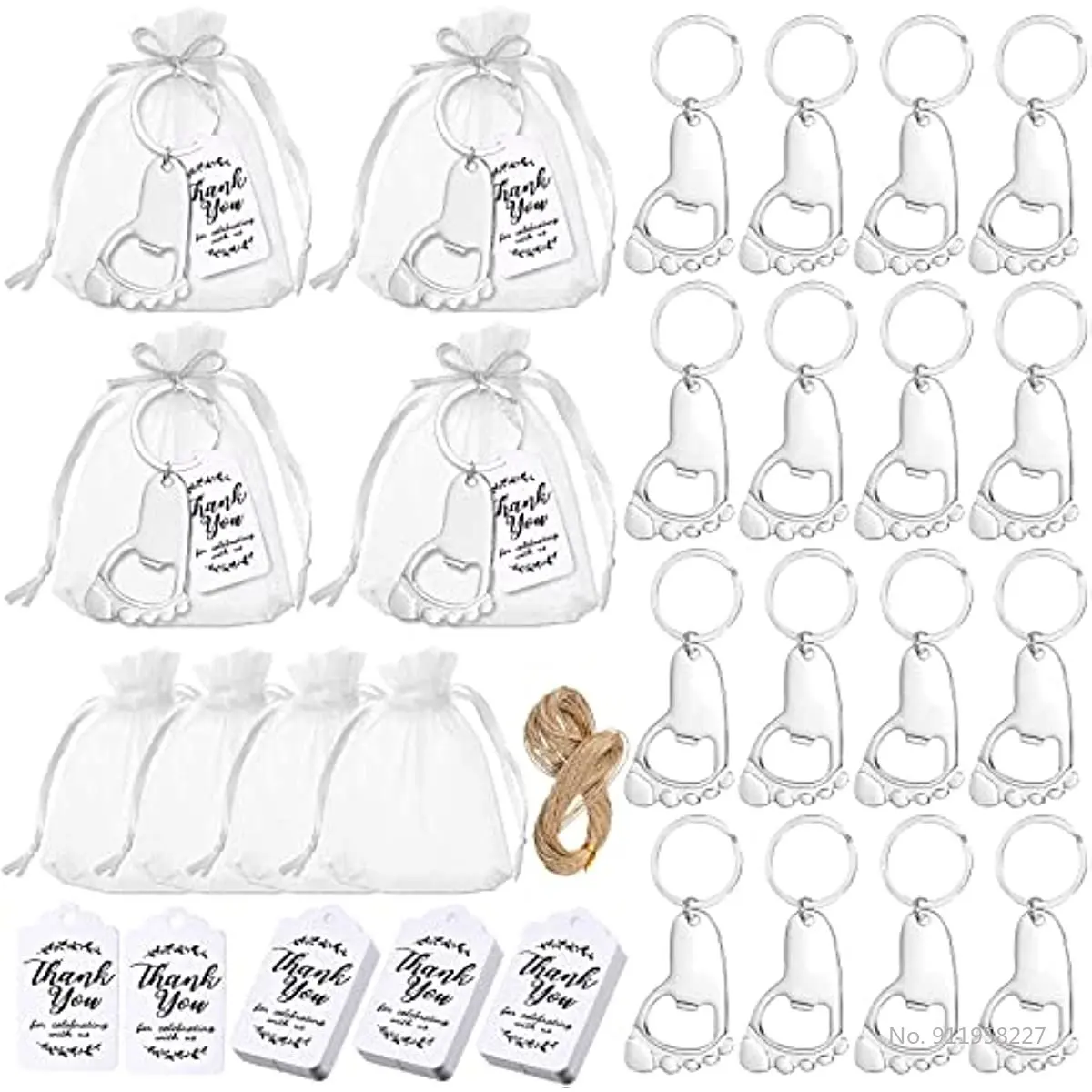 50-piece baby footprint key chain bottle opener baby shower party with organic cloth bag and baby shower party souvenir label