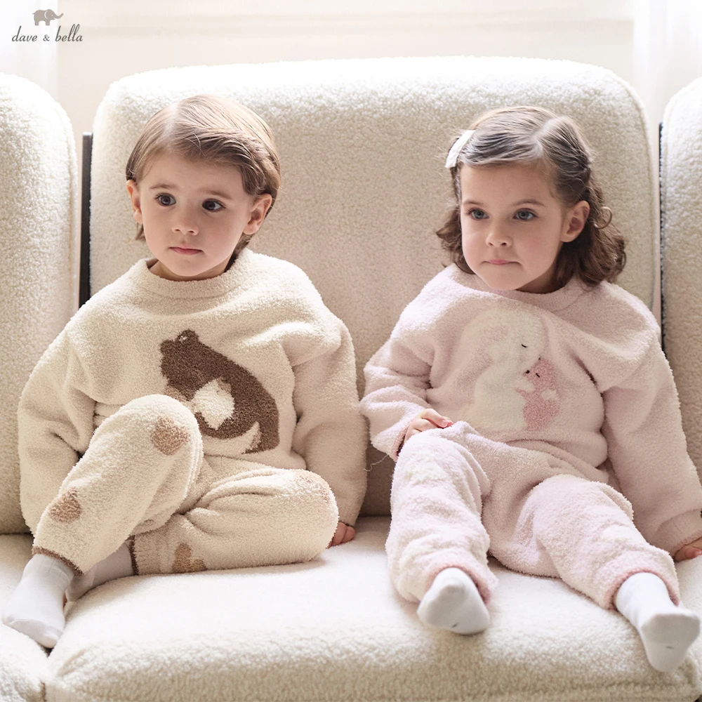 Dave Bella Boys Girls 2pcs Homesuits Winter Warm Polar Fleece Pajama Set Children Suits Indoor Thicken Clothing Set DB4264579