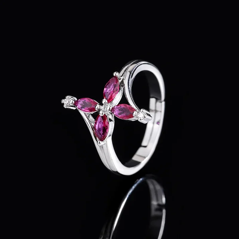 

Red High Carbon Diamond Flower Adjustable Ring Bow Knot Valentine Day Gift Prom Party Cocktail Women Jewelry Exotic Accessories