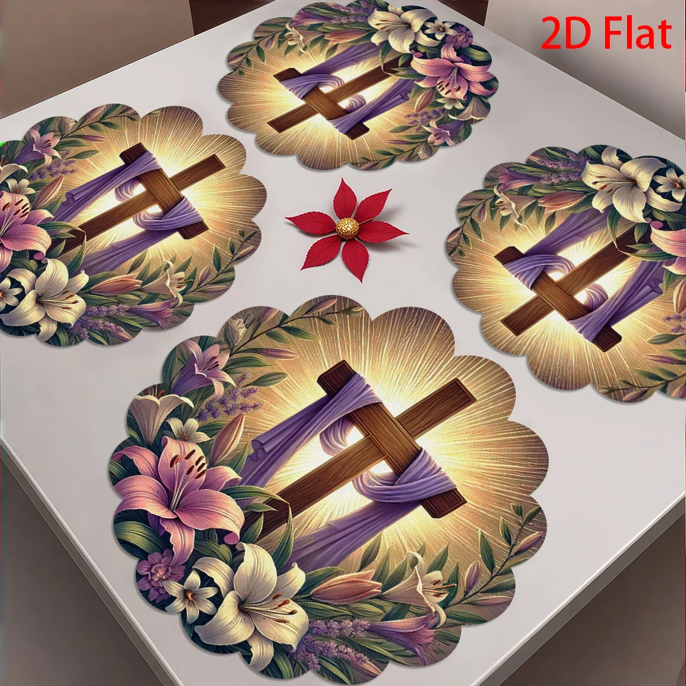 4PCS 2D graphic printing, religious resurrection theme placemat, wreath cross design, Easter cafe table decoration, suitable for dining, kitchen, home decoration, holiday parties, decorative tableware Vibrant table embellishment, polyester placemat