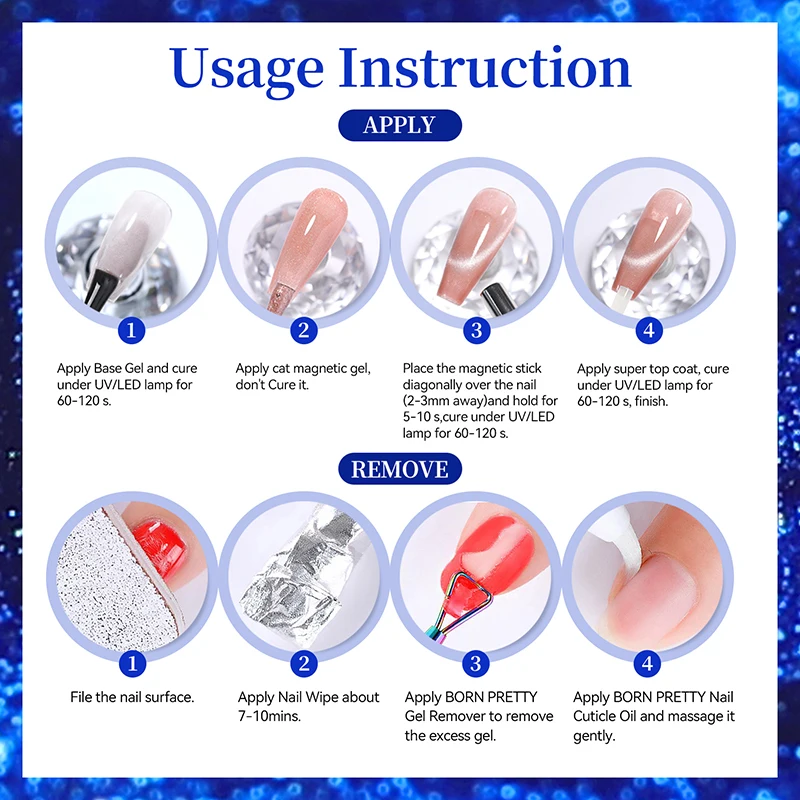 BORN PRETTY 10ml Blaues Glasperlen-Katzenaugen-Magnetgel Nagellack für Sommer-Nageldesign UV LED Soak-Off Langanhaltende Nagelkunst DIY Maniküre – Detail 5