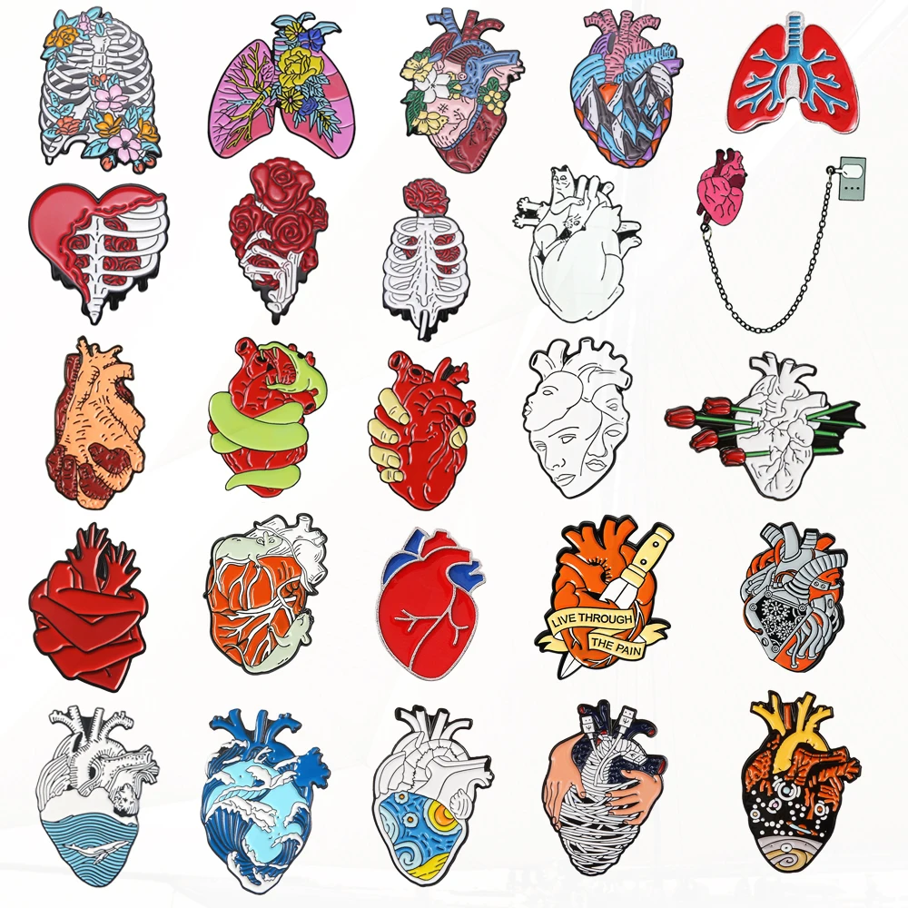 Pin Brain Lung Heart Chest Uterus Flower Wave Mechanical Heart Metal Badge Lapel Brooch Jewelry Creative Medical Organs Enamel