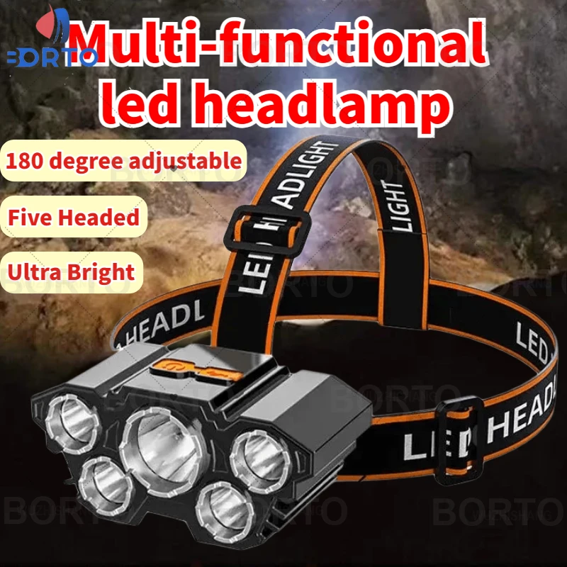 

LED Strong Headlight 5 Headed Outdoor Camping Waterproof Fishing Light USB Rechargeable Ultra Bright Head Mounted Flashlight