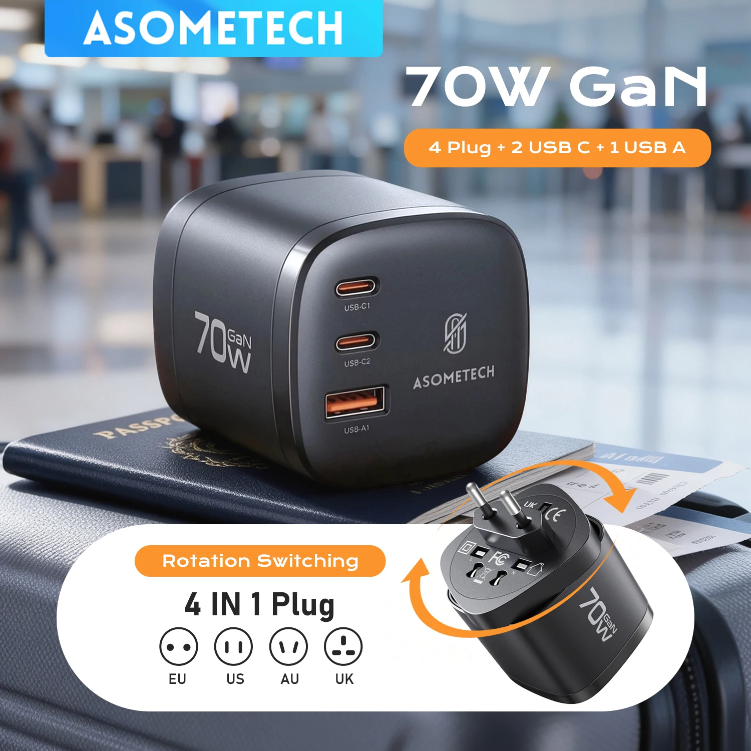 70W GaN Travel Charger 4 IN1 Rotating Adaptor Plug PD3.0 PPS USB Type C Fast Charger For iPhone Samsung Macbook Laptop