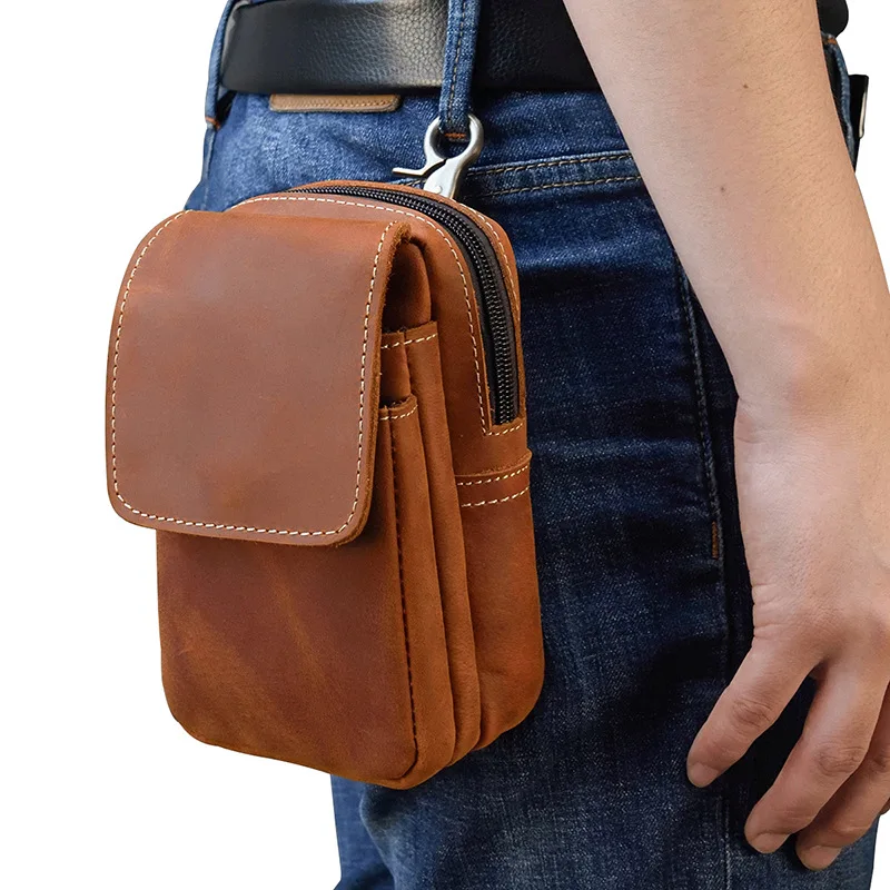 

Men retro leather waist bag crazy horse leather double leather waist hanging foreskin mobile phone waist bag
