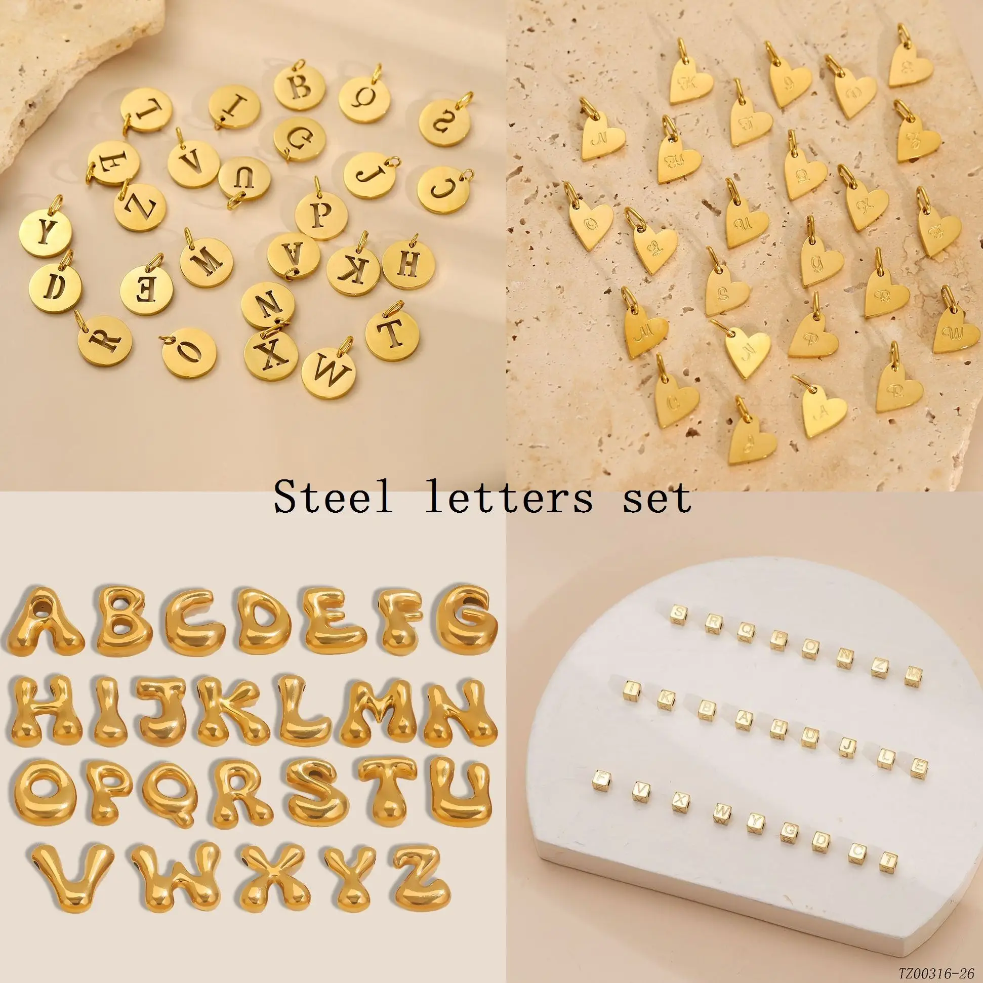 

Trendy Gold Plated Stainless Steel 26 Letter Charms Set Heart Bubble Initial A-Z Alphabet Letter Zodiac Pendants for DIY Jewelry