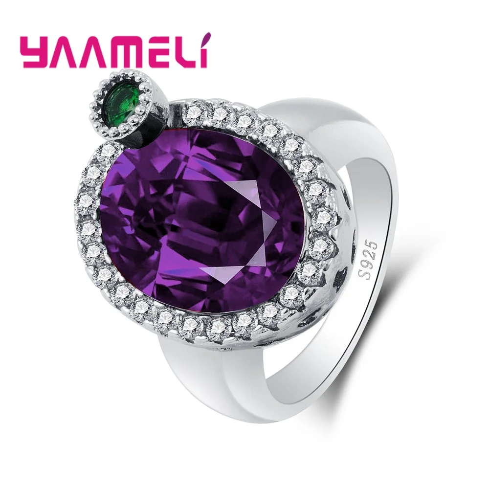 New 925 Sterling Silver Color Big Purple Cubic Zirconia With Green Crystal Embellishment Finger Rings For Women Female Jewelry