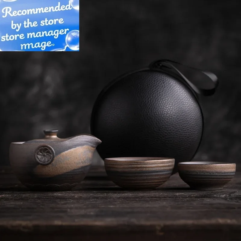 

Charm of Lotus Gilded Iron Glaze Fast Passenger Cup Handmade Ceramic Kung Fu Tea Set One Pot and Two Cups Portable Travel Set