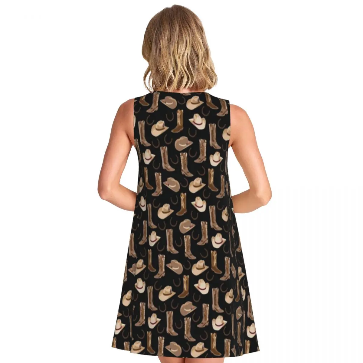 Western Boots And Cowboy Cowgirl Hats On Black Women's Sleeveless Street Outing Lace Dress Sporty Mesh Dress